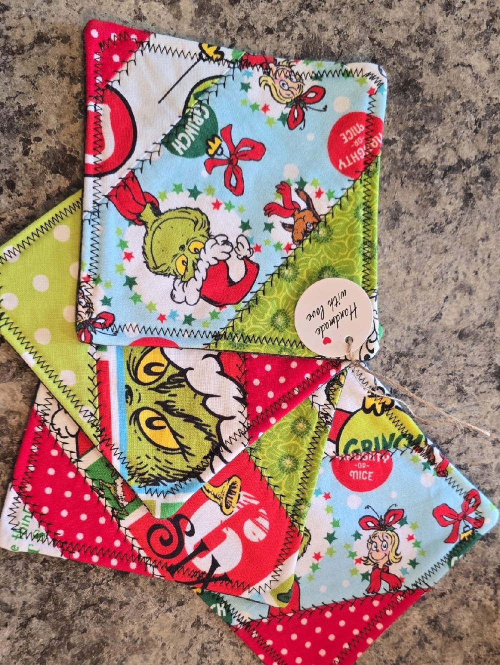 Handmade  Holiday Fabric Coasters - Green, Red, Blue Made In Newfoundland